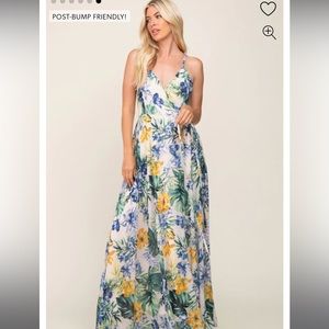 Cream Tropical Floral Chiffon Wrap Front Maternity Maxi Dress SMALL S New NWT